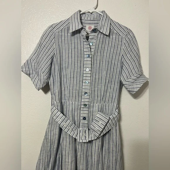 knee length dresses for ladies Irene Linen Midi Dress-Blue Stripe